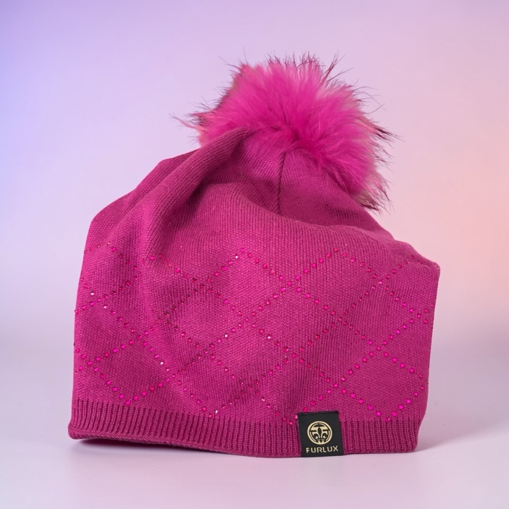 FURLUX Beanie Hat Cashmere Rhinestones Fox Fur Pom Ruched Back Pink NWT